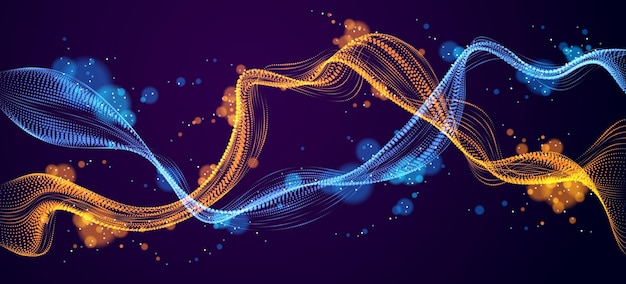 Dynamic particles mutual sound wave flowing over dark. Dotted double curves vector abstract background. Beautiful 3d wave shaped array of shining blended points.