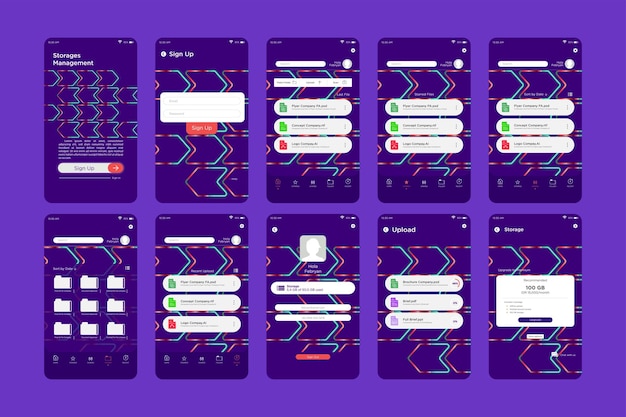 Dynamic Purple Neon Arrow Pattern Storage Management App UI Kit Template