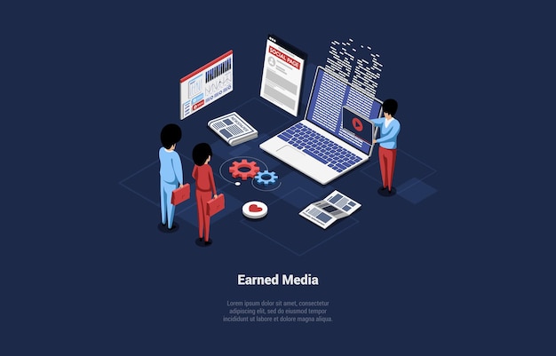 Earned Media Vector Illustration In Cartoon 3D Style On Dark Background. Conceptual Isometric Design. Mass Advertisement Means, Product Placement And Commercial, Online Business, Internet Promotion.