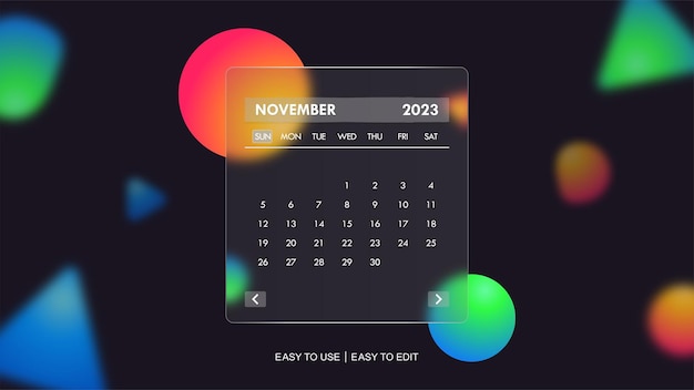 Editable calendar 2023 design with glassmorphism effect and colorful background vector