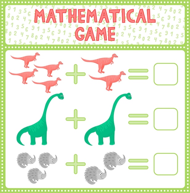 Education game for children fun addition by guess the correct number of cute cartoon dinosaurs print