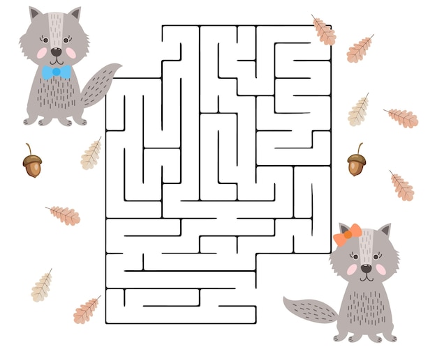 educational maze for kids, cute wolves and acorns. autumn illustration, vector