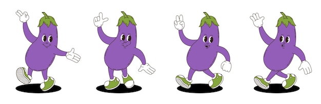 Eggplant retro groovy style Groovy retro characters of eggplant