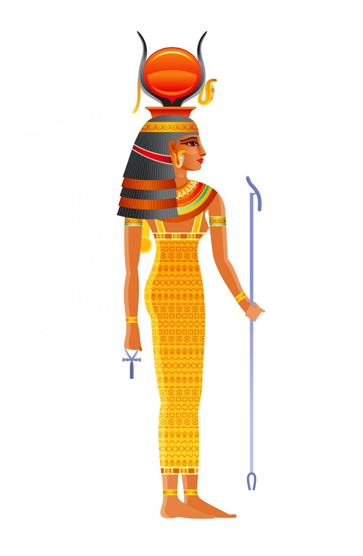 Vektor egyptská bohyně hathor, nebeské božstvo se sluncem, kravskými rohy. ilustrace staroegyptského boha.