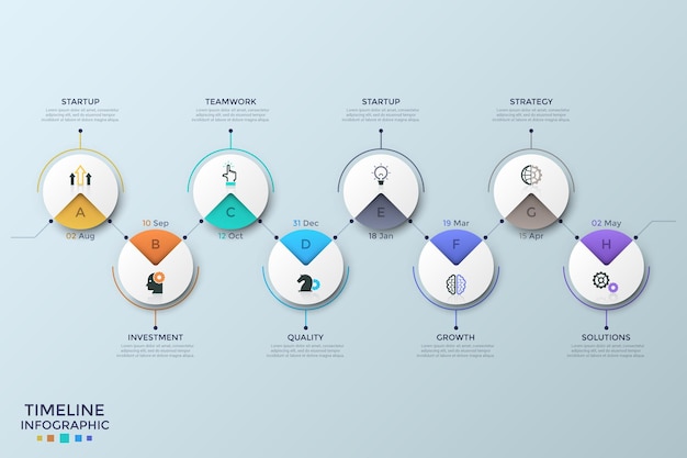 Eight circular paper white elements with linear symbols, letters and date indication connected by horizontal zigzag line. Project completion plan. Infographic design template. Vector illustration.