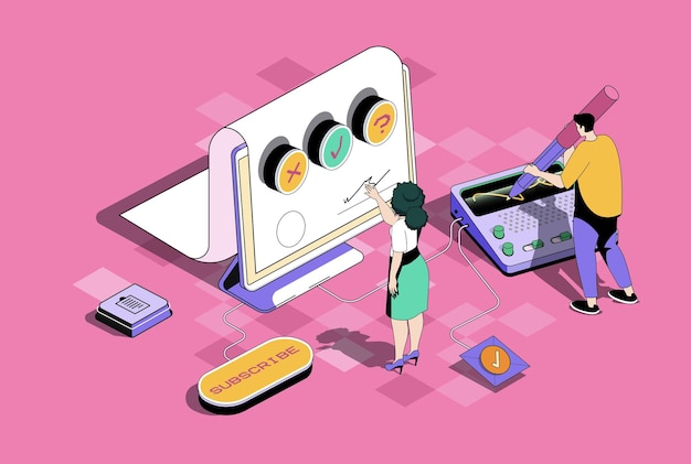 Electronic contract concept in 3d isometric design Businessman and businesswoman signing agreement legal document in digital form Vector illustration with isometry people scene for web graphic