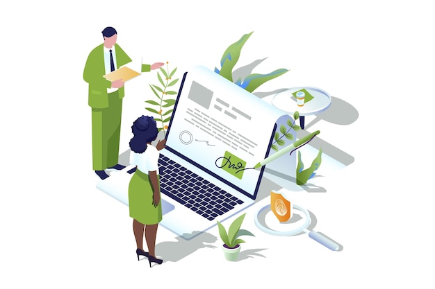 Electronic contract web concept in 3d isometric design People make business deals and sign virtual documents Businessman and businesswoman signing econtract at laptop Vector web illustration