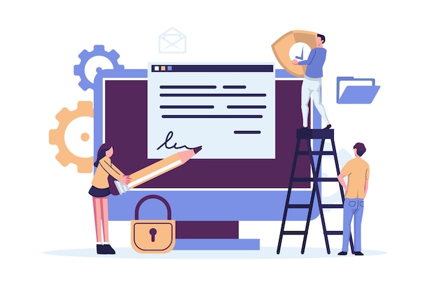 Electronic contract with digital signature Safe agreement conclusion business partnership flat illustration