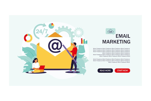 Email marketing, internet chatting, 24 hours support concept. Landing page.