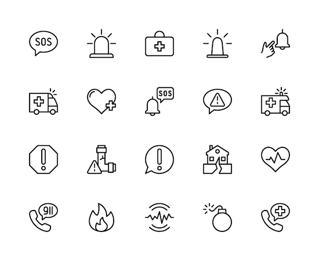 Emergency situation vector linear icons set Contains such icons as SOS siren first aid hazard alarm and more