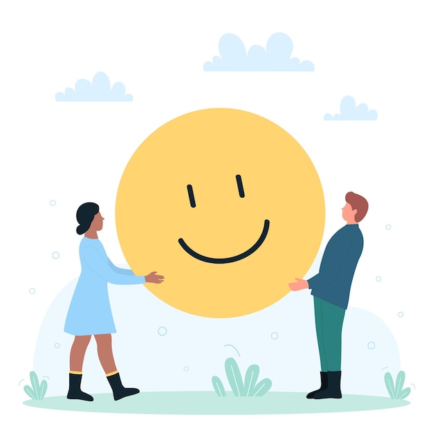 Emoji positive mood and reaction in social media tiny people holding big cheerful face