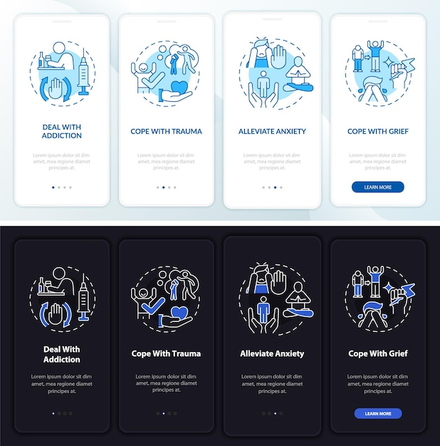 Emotional support night and day mode onboarding mobile app screen. Walkthrough 4 steps graphic instructions pages with linear concepts. UI, UX, GUI template. Myriad Pro-Bold, Regular fonts used