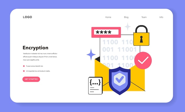 Encryption web banner or landing page Data protection technology Scrambling digital information into a secret code Unique digital key for data access Flat vector illustration