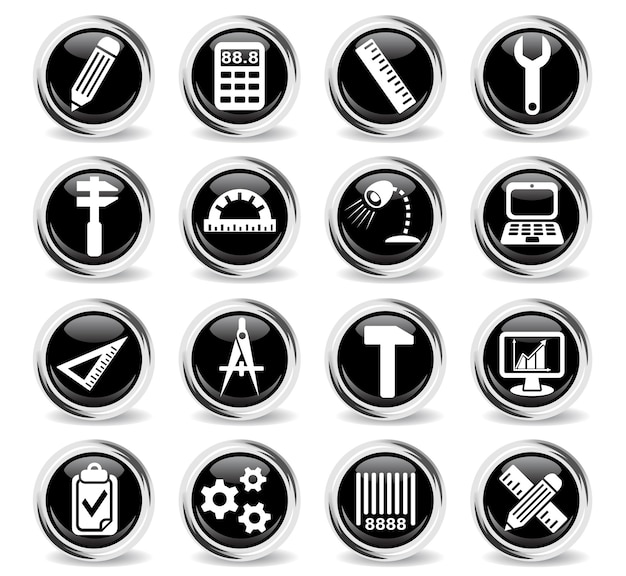 Engineering icons on round black buttons with metal ring