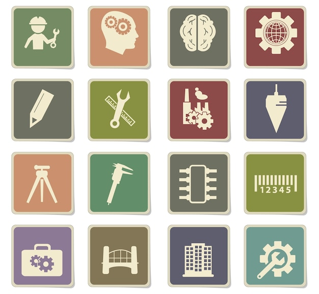Engineering icons on square paper stickers with shadow