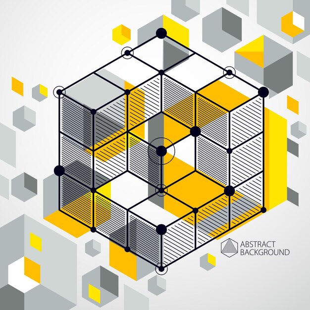 Engineering technology vector yellow wallpaper made with 3D cubes and lines. Engineering technological wallpaper made with honeycombs. Abstract technical background.