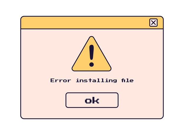 Error installing file window Old user interface windows Retro browser and error message Vector illustration
