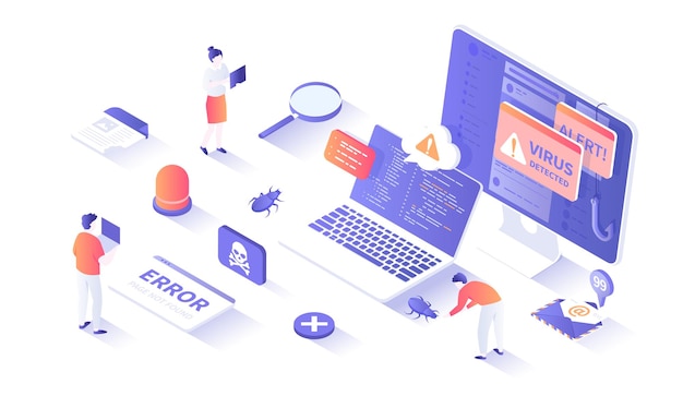 Errors detected Computer viruses hacker attack 404 error page not found Alert messages bugs in