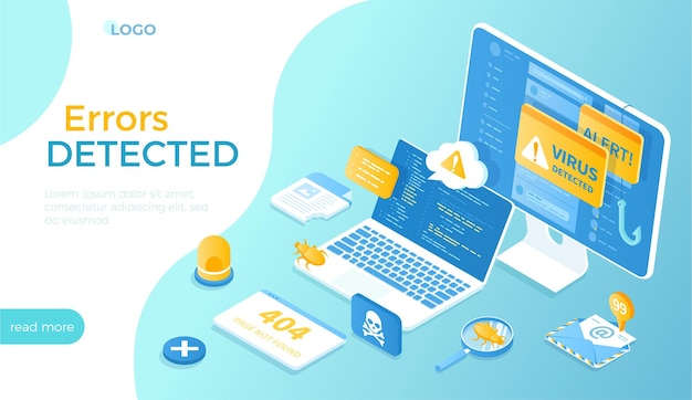 Errors detected Computer viruses Hacker attack 404 error page not found Alert messages bugs in