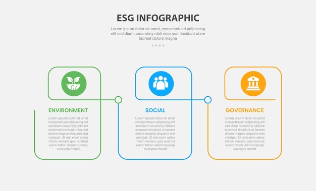 ESG infographic outline style with 3 point template with creative linked table with circle header for slide presentation