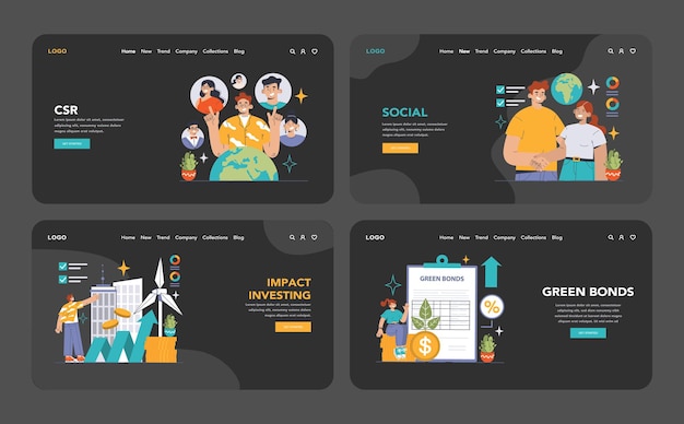 Esg web or landing dark or night mode web landing set environmental social governance factors