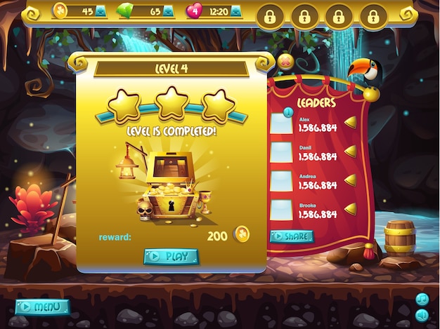 example of user interface of a computer game, a window level completion