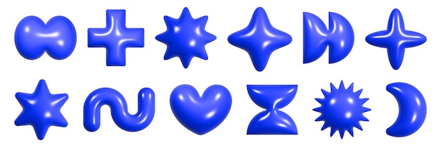 Exploring vibrant blue geometric 3D figures with a glossy plastic texture in a creative arrangement inspired by y2k aesthetics
