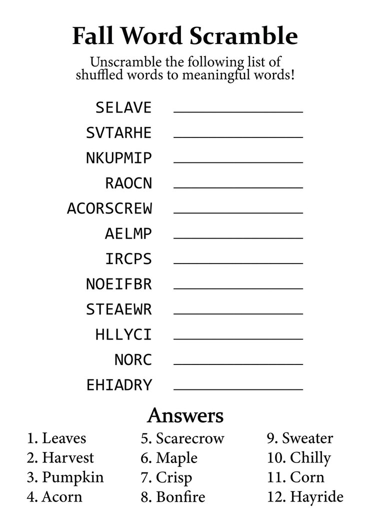 Vektor fall word scramble and puzzle fun educational game for kids teens and adults