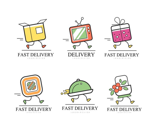 Fast Delivery Logo Design with Running Objects and Food with Legs Vector Set