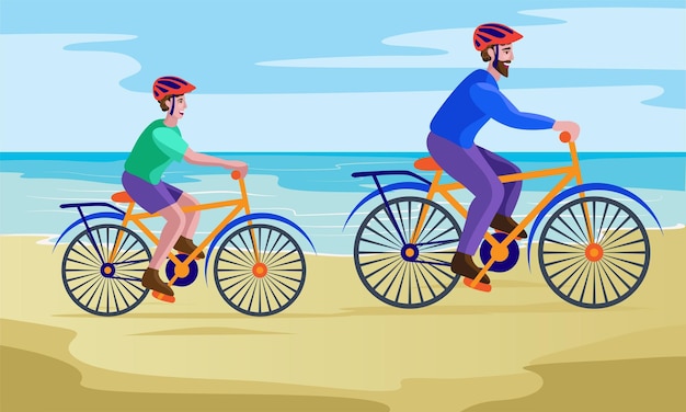 father and son cycling at seashore