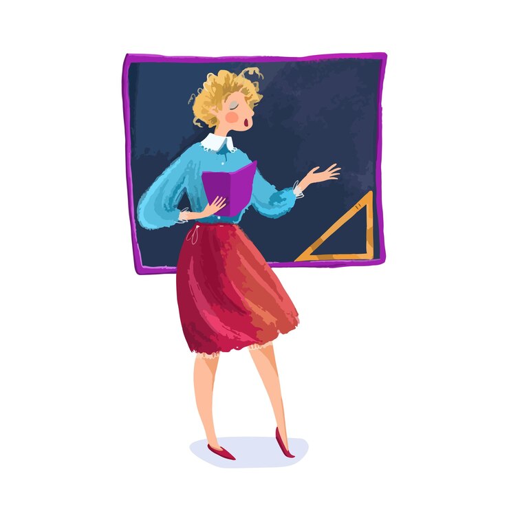 Vektor female teacher blonde pointing to the board