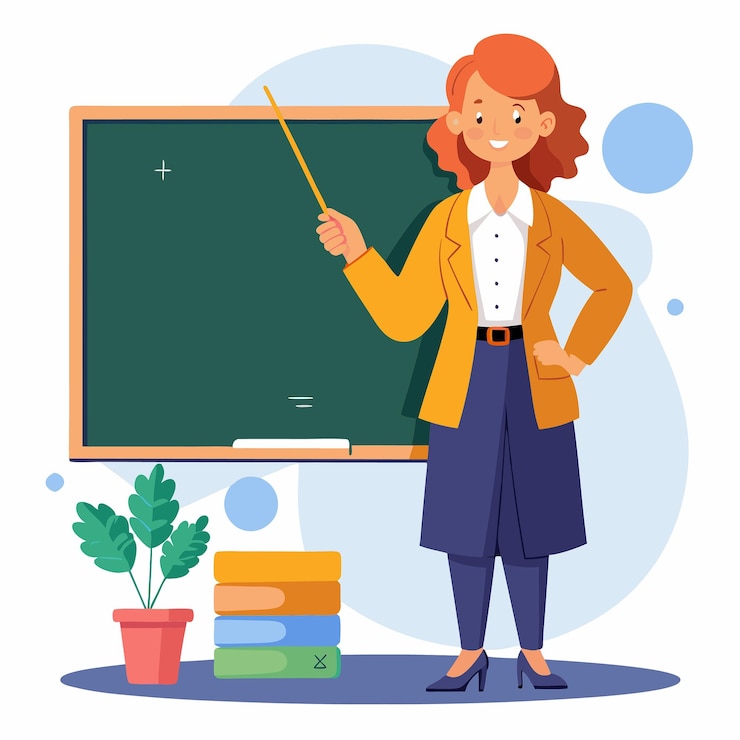 Vektor female teacher concept woman with pointer stands in a classroom