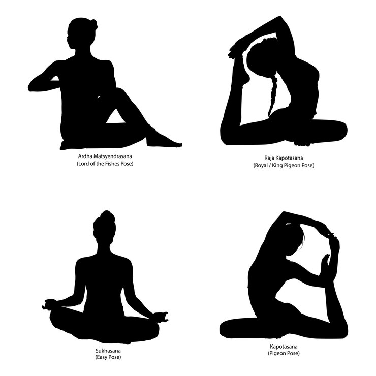 Vektor female yoga poses silhouettes lord of the fishes pose easy pose pigeon pose king pigeon pose