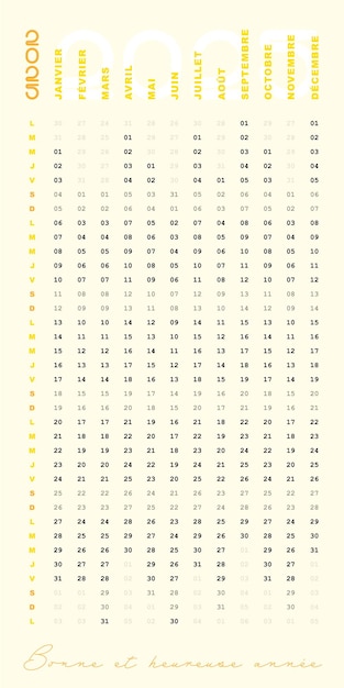 fichier vectoriel calendrier 2025 dates francaises format vertical design unique et modifiable jaune