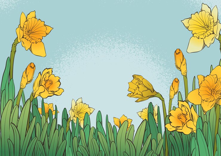Vektor field with colorful tulips below a blue sky in spring