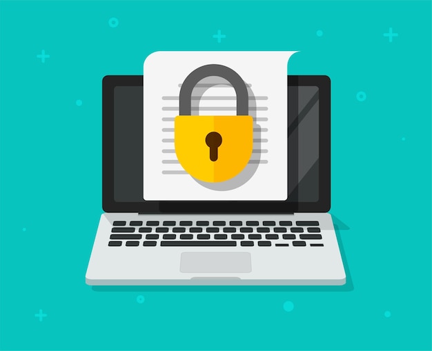 File access secure to confidential document online on laptop computer pc vector flat icon