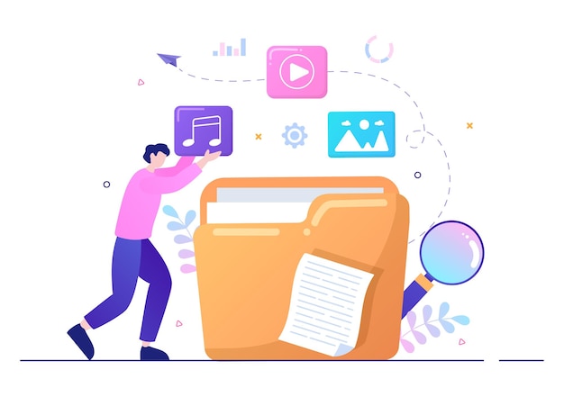 file management system and information vector illustration with people holding folder, archive or online service for documents storage and organization