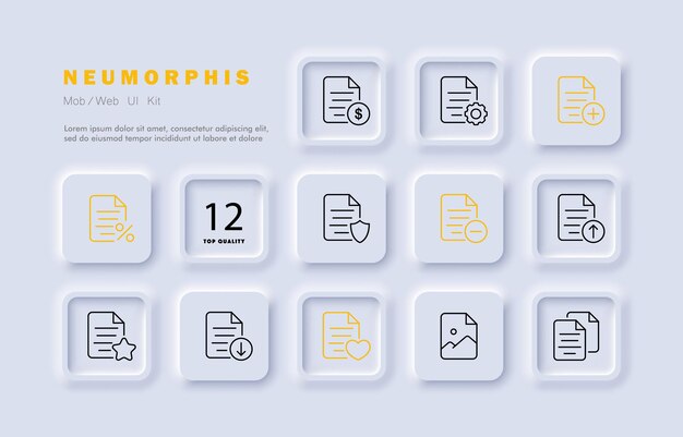 File set icon Paid information property rights add delete discount protection download like gallery Data sat concept Neomorphism style Vector line icon for Business and Advertising