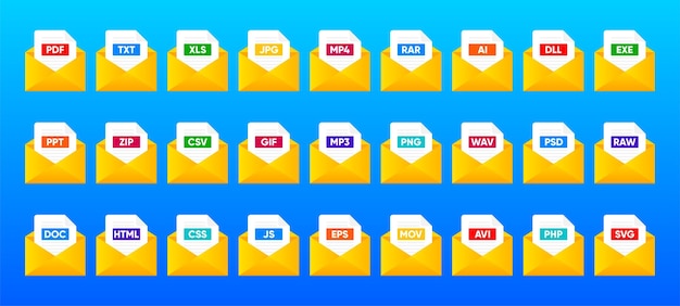 file type icon set popular files format and document format and extension of documents set of graphic templates audio video image system archive code and document file vector illustration