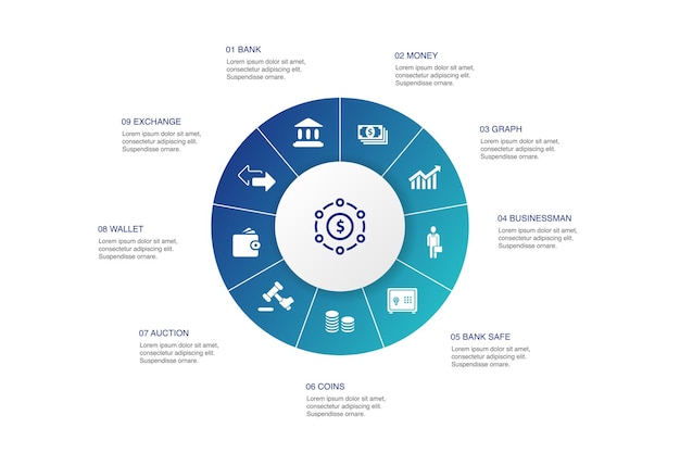 Finance Infographic 10 steps circle design.Bank, Money, Graph, Exchange simple icons