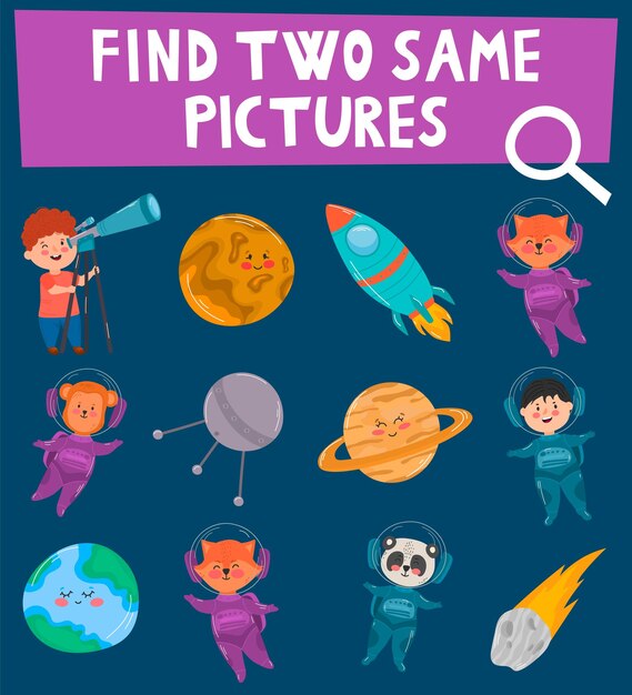 find 2 same pictures educational game for children vector illustrations for children books space