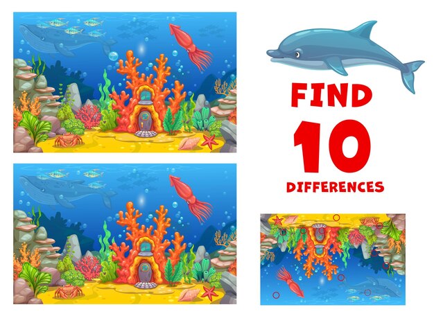 find ten differences on underwater landscape with coral house kids vector board game with mermaid home dolphin whale squid starfish and crab on ocean bottom educational children riddle activity