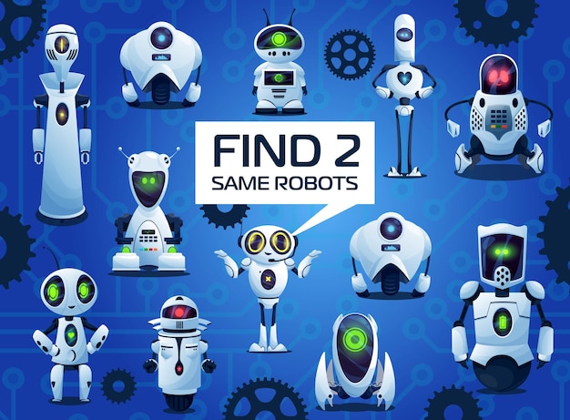 Find two same robots cartoon kids game, vector riddle with ai cyborgs. Children logic test with androids and artificial intelligence bots. Education worksheet for mind and attentiveness development