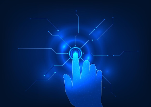fingers are pressing buttons and showing technology circuits on grid pattern background