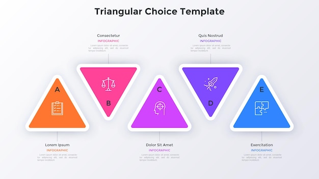 five colorful triangular elements placed in horizontal row