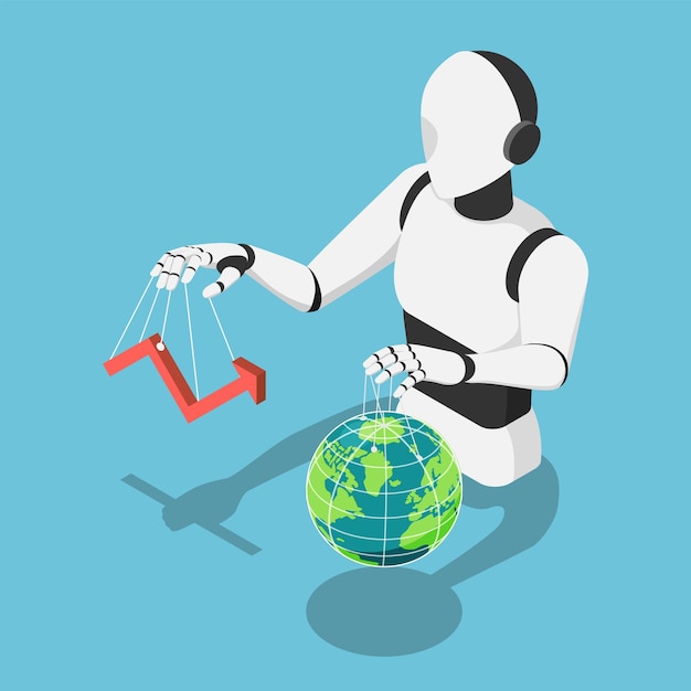 Flat 3d Isometric Ai Robot Controlling market financial chart and The World Globe. Ai Artificial Intelligence Control The Infrastructure of Entire Planet and Machine Learning Technology Concept.