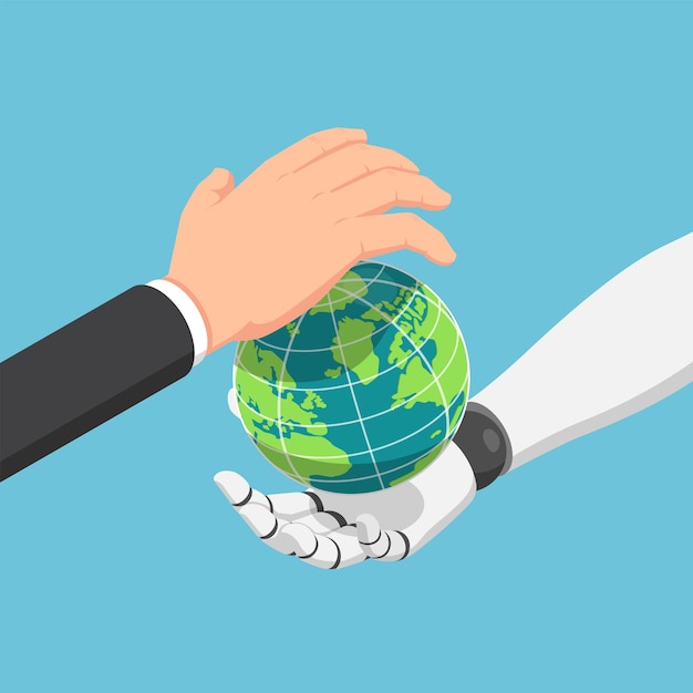 Flat 3d isometric businessman and ai robot hand protecting the world together
