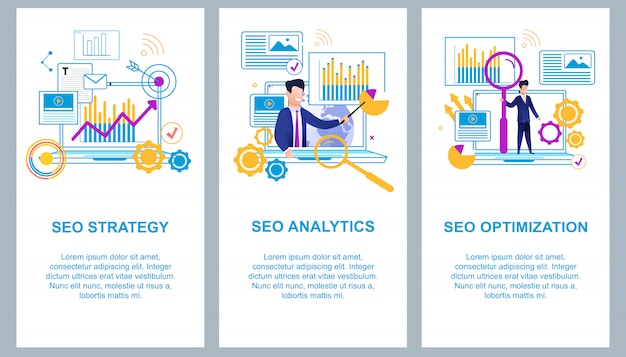 Flat Banner Set Seo Analytics Optimization on Laptop Screen Arrow goes up