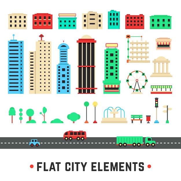Flat city elements on white background