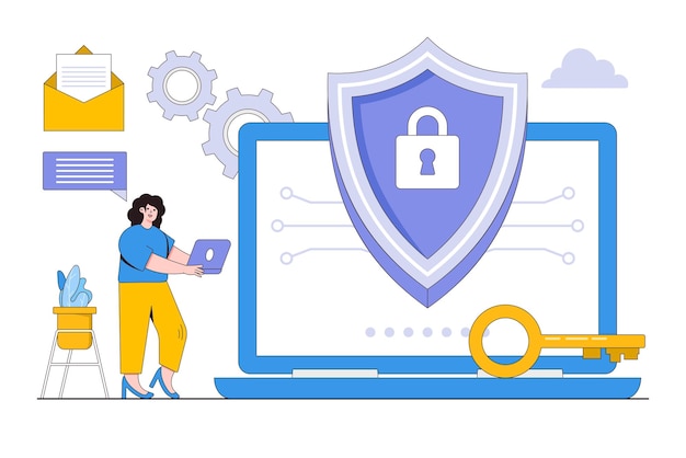 Flat cyber security concept Outline design style minimal vector illustration for landing page web banner infographics hero images